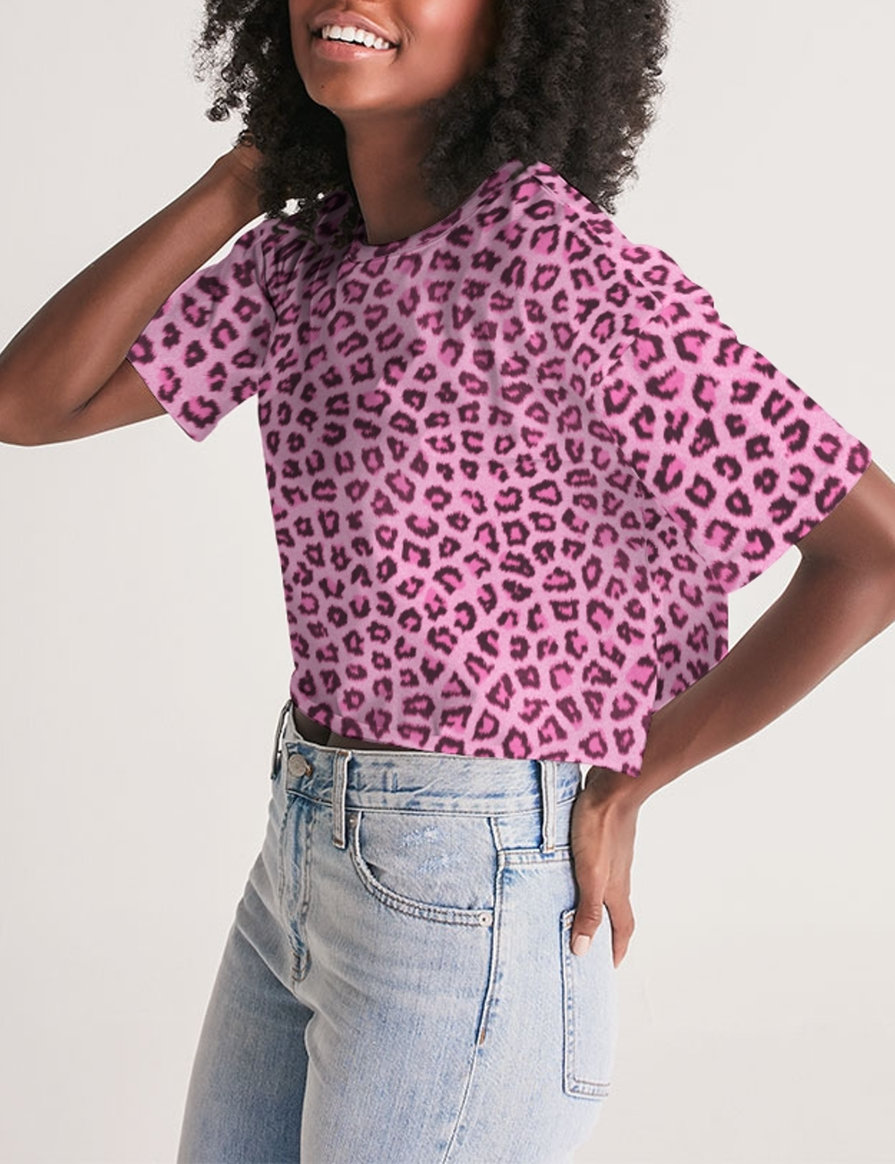 Pink Leopard Print Women's Oversized Crop Top T-Shirt OniTakai