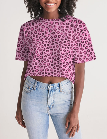 Pink Leopard Print Women's Oversized Crop Top T-Shirt OniTakai