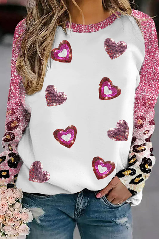 Pink Sequin Heart Shaped Leopard Long Sleeve Top OniTakai