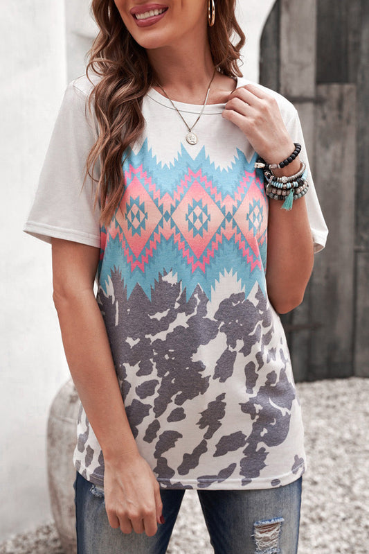 Printed Round Neck Tunic Tee OniTakai