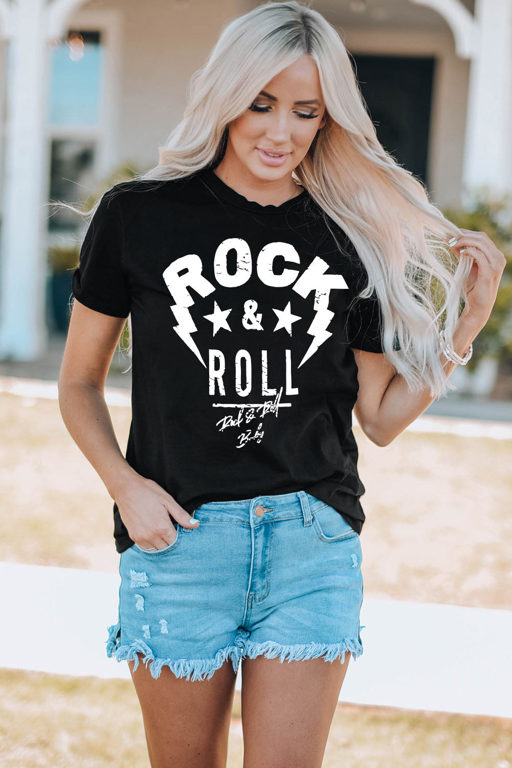 ROCK & ROLL Graphic Round Neck Short Sleeve Tee OniTakai