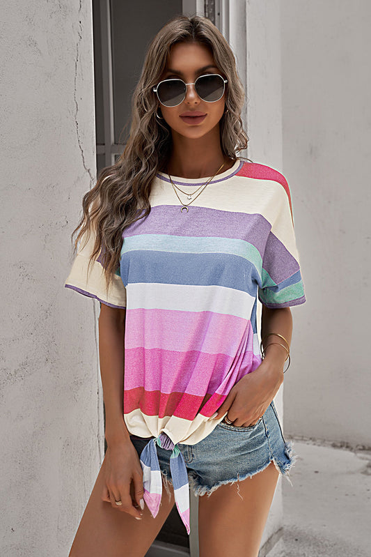 Rainbow Striped Tie-Front Women's T-Shirt OniTakai