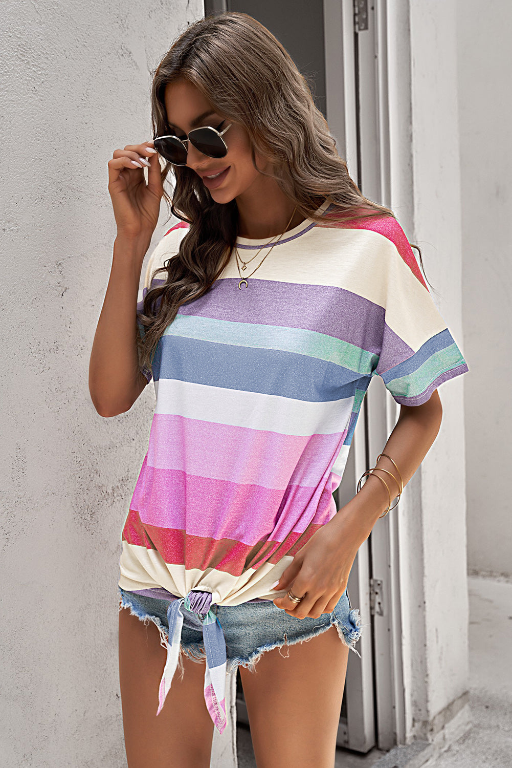 Rainbow Striped Tie-Front Women's T-Shirt OniTakai