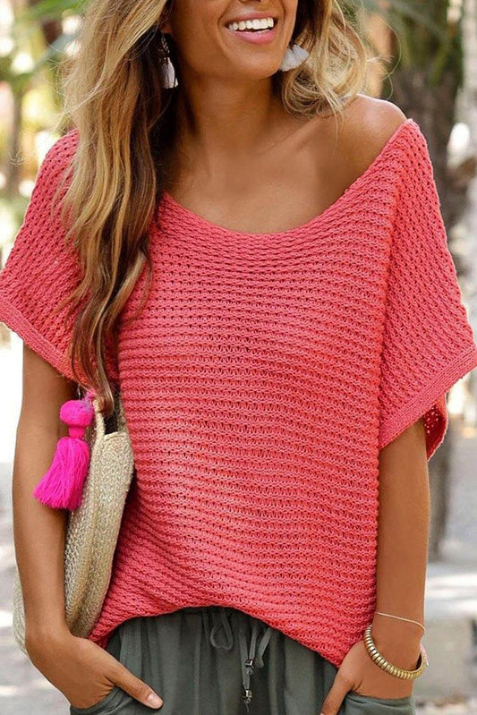 Red Clay Solid Loose Knit Short Dolman Sleeve Sweater OniTakai