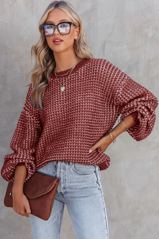 Red Heathered Knit Drop Shoulder Puff Sleeve Sweater OniTakai