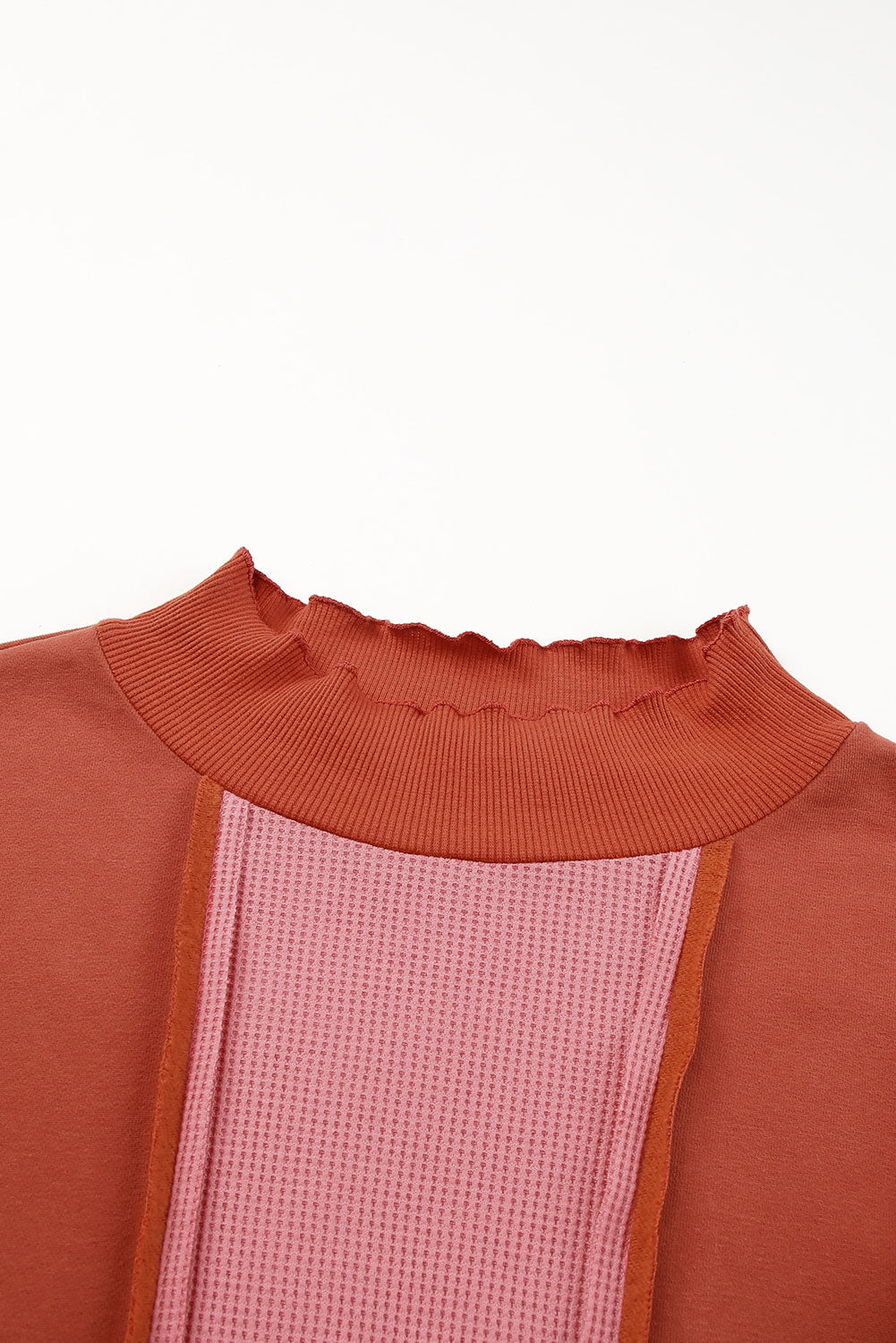 Red Waffle Knit Ripped Exposed Seam	Patchwork Top with Thumbhole OniTakai