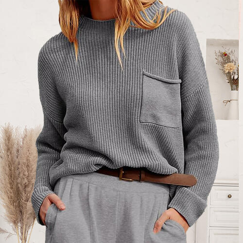 Ribbed Dropped Shoulder Sweater with Pocket OniTakai