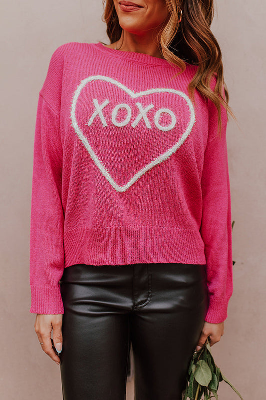 Rose Heart XOXO Pattern Drop Shoulder Rib Knit Sweater OniTakai