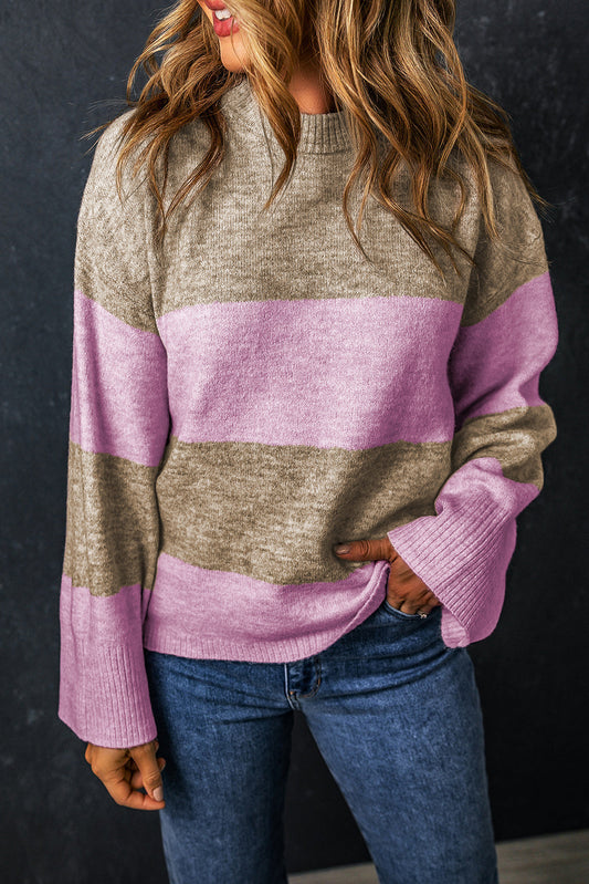 Rose Stripe Crew Neck Wide Sleeve Color Block Sweater OniTakai