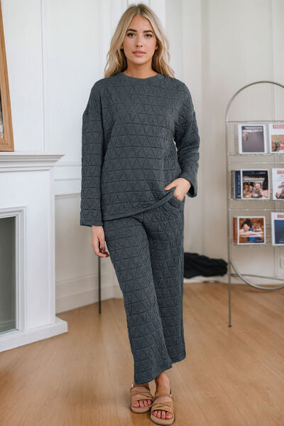 Round Neck Top and Pocketed  Pants Lounge Set OniTakai