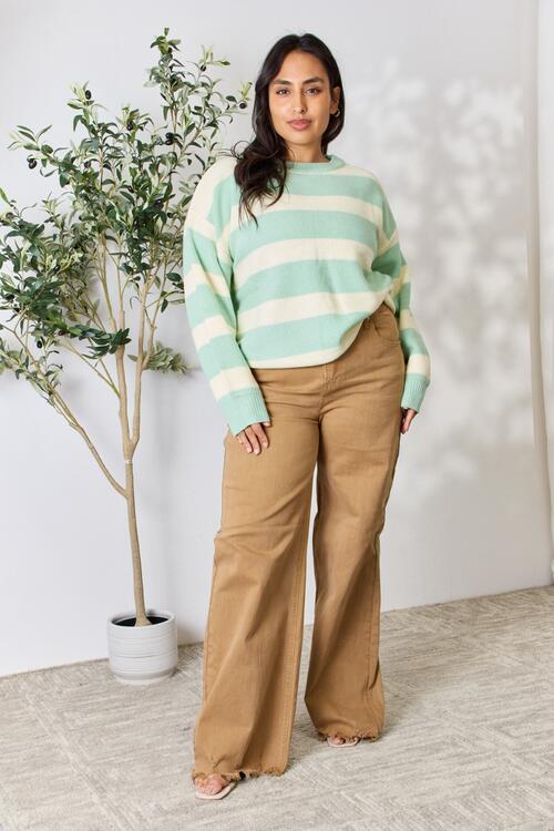 Sew In Love Full Size Contrast Striped Round Neck Sweater OniTakai