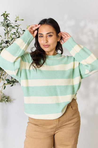 Sew In Love Full Size Contrast Striped Round Neck Sweater OniTakai