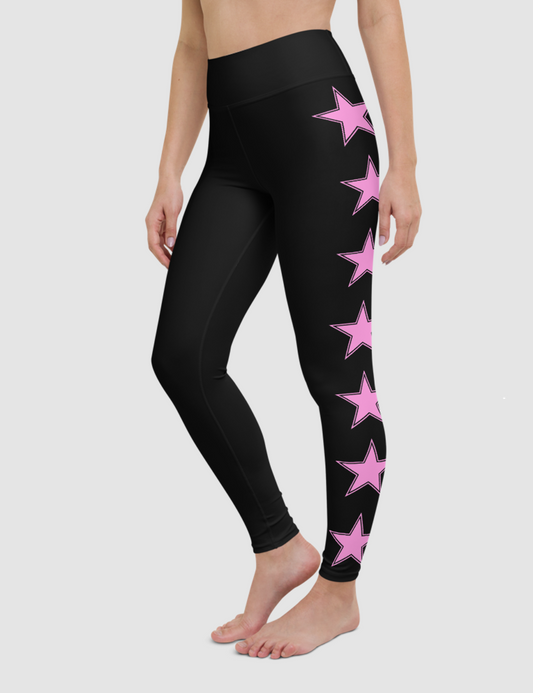 Side Lined Stylized Pink Stars | Women's High Waist Yoga Leggings OniTakai