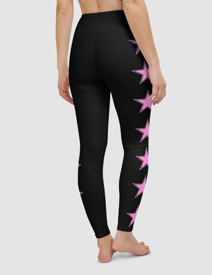 Side Lined Stylized Pink Stars | Women's High Waist Yoga Leggings OniTakai