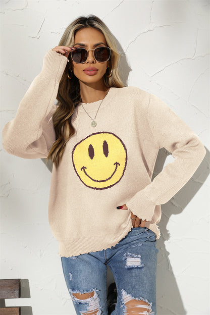 Smiley Face Women's Casual Graphic Knit Crewneck Sweater OniTakai