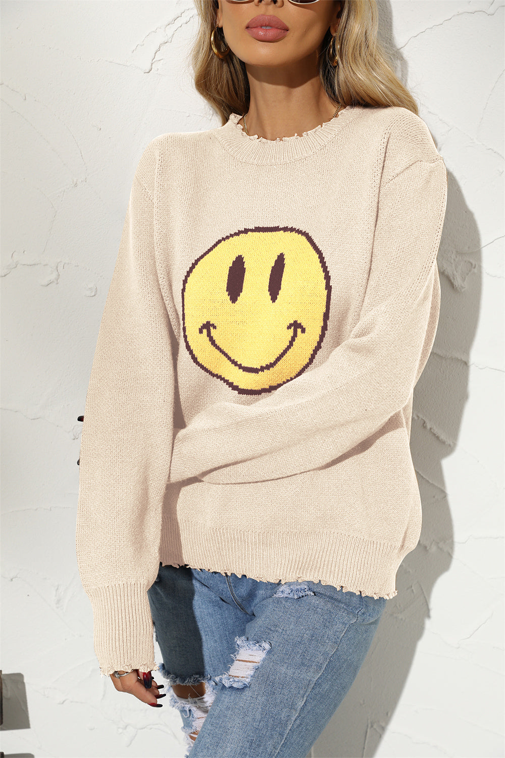 Smiley Face Women's Casual Graphic Knit Crewneck Sweater OniTakai