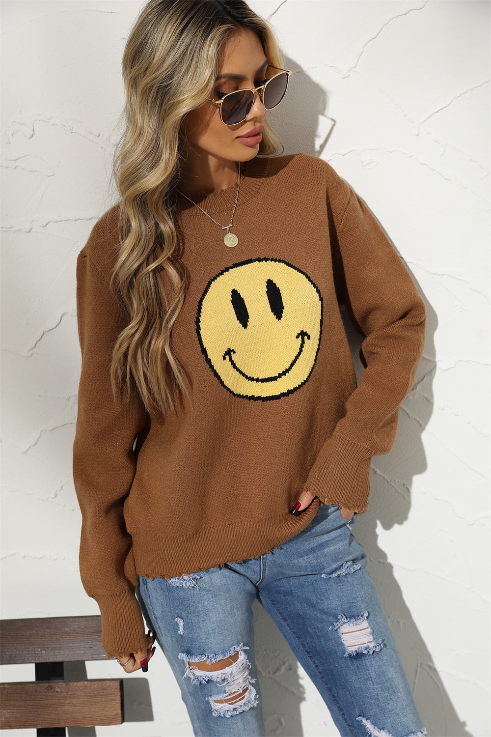 Smiley Face Women's Casual Graphic Knit Crewneck Sweater OniTakai