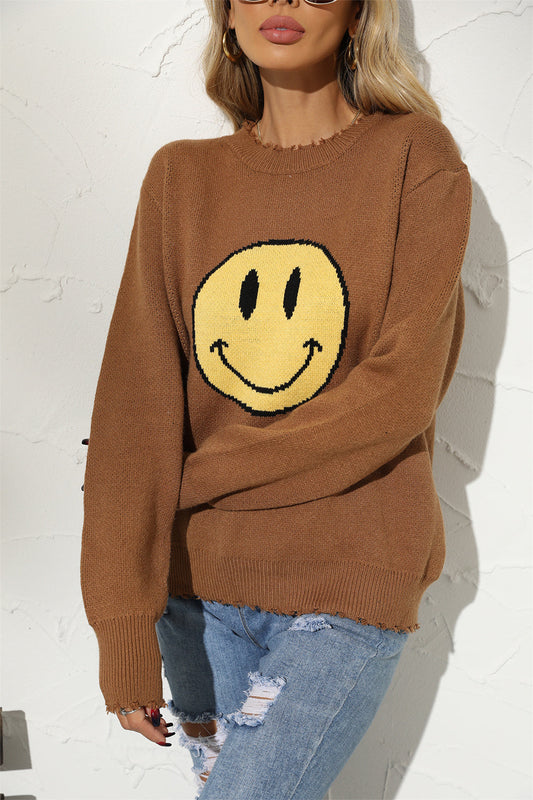 Smiley Face Women's Casual Graphic Knit Crewneck Sweater OniTakai