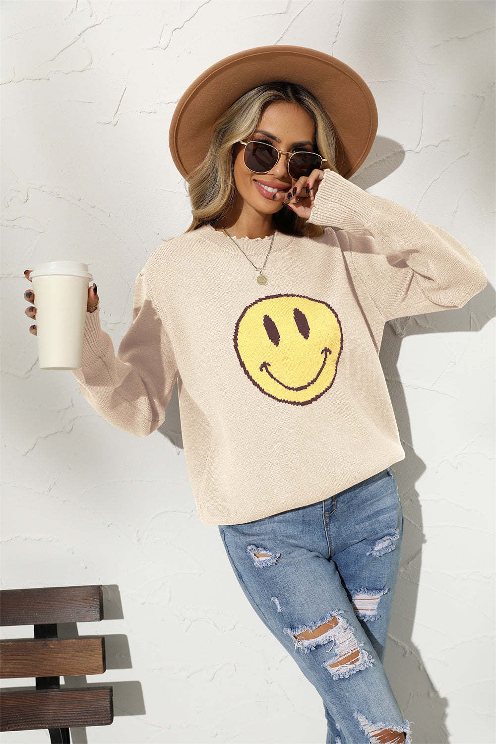 Smiley Face Women's Casual Graphic Knit Crewneck Sweater OniTakai