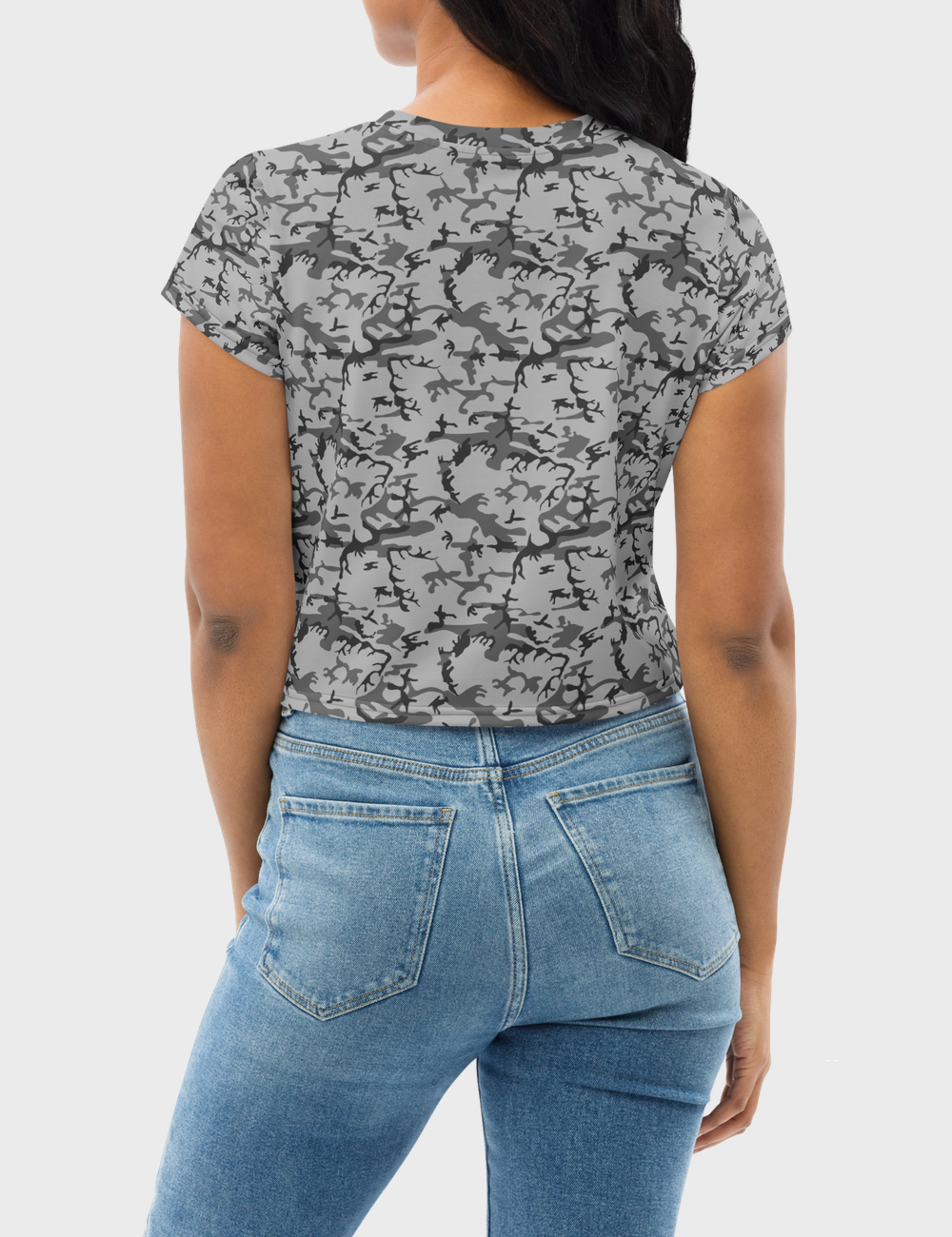 Sparse Somber Autumn Grey Woodland Camo | Women's Sublimated Crop Top T-Shirt OniTakai