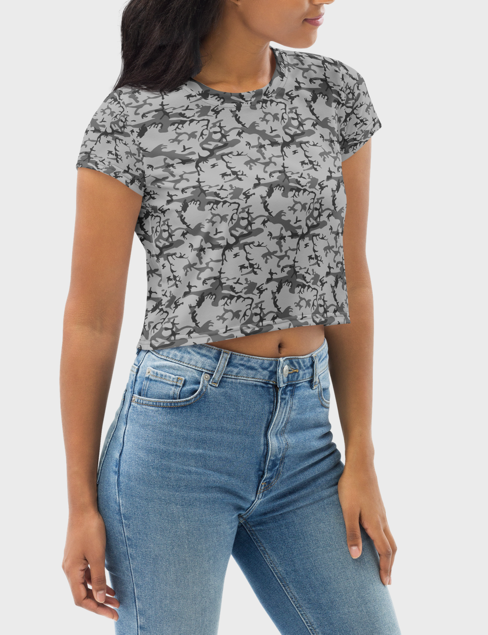 Sparse Somber Autumn Grey Woodland Camo | Women's Sublimated Crop Top T-Shirt OniTakai