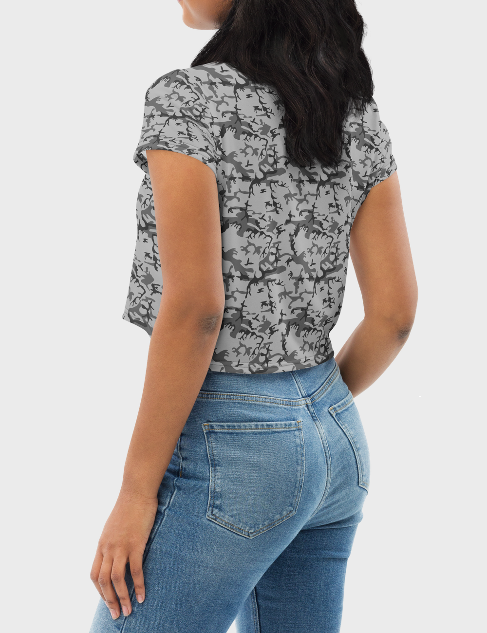 Sparse Somber Autumn Grey Woodland Camo | Women's Sublimated Crop Top T-Shirt OniTakai