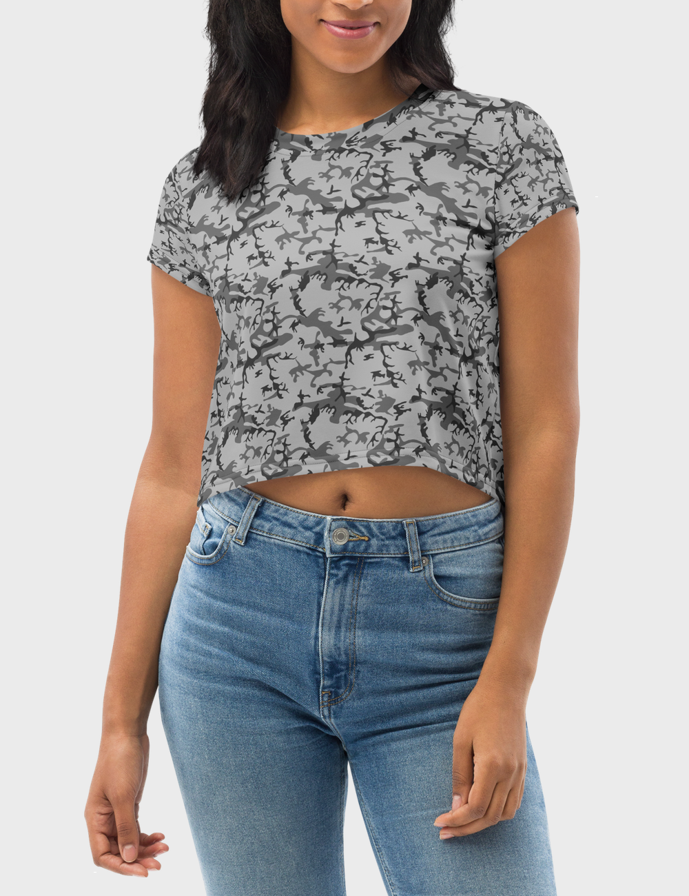 Sparse Somber Autumn Grey Woodland Camo | Women's Sublimated Crop Top T-Shirt OniTakai