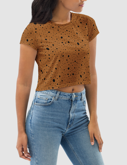 Spotted Cheetah Rich Gold Animal Print Women's Sublimated Crop Top T-Shirt OniTakai