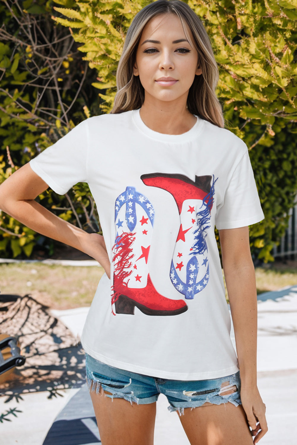 Starry Red White & Blue Cowboy Boots Graphic Print Women's T-Shirt OniTakai