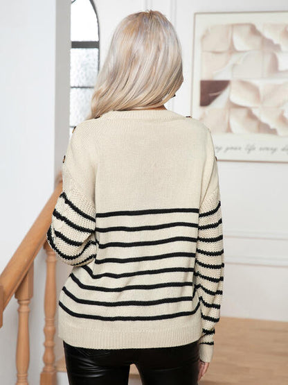 Striped Round Neck Cable-Knit Sweater OniTakai