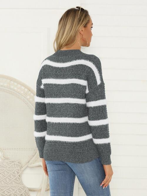 Striped Round Neck Long Sleeve Sweater OniTakai