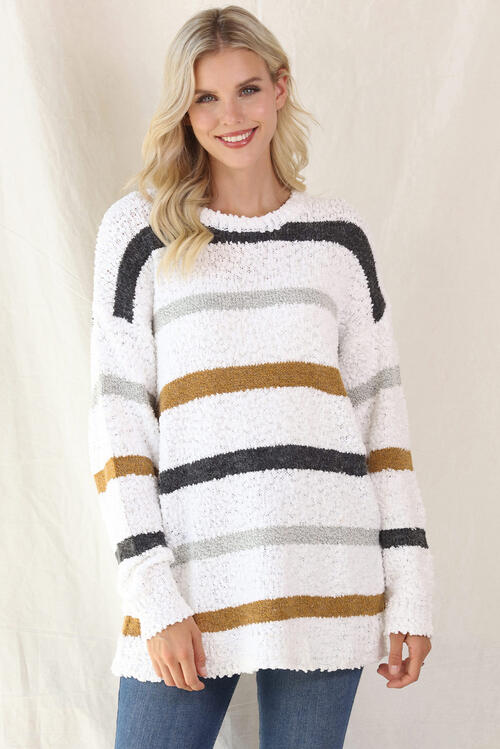 Striped Round Neck Long Sleeve Sweater OniTakai