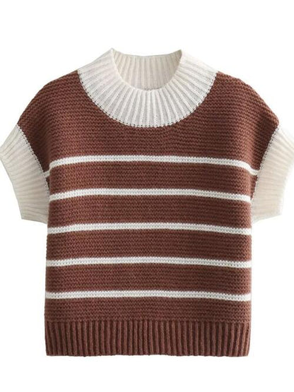 Striped Round Neck Short Sleeve Sweater OniTakai