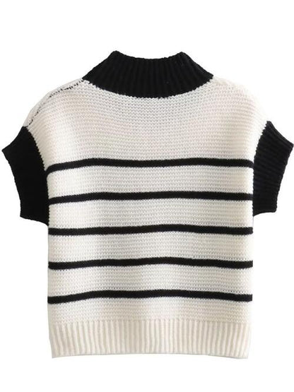 Striped Round Neck Short Sleeve Sweater OniTakai