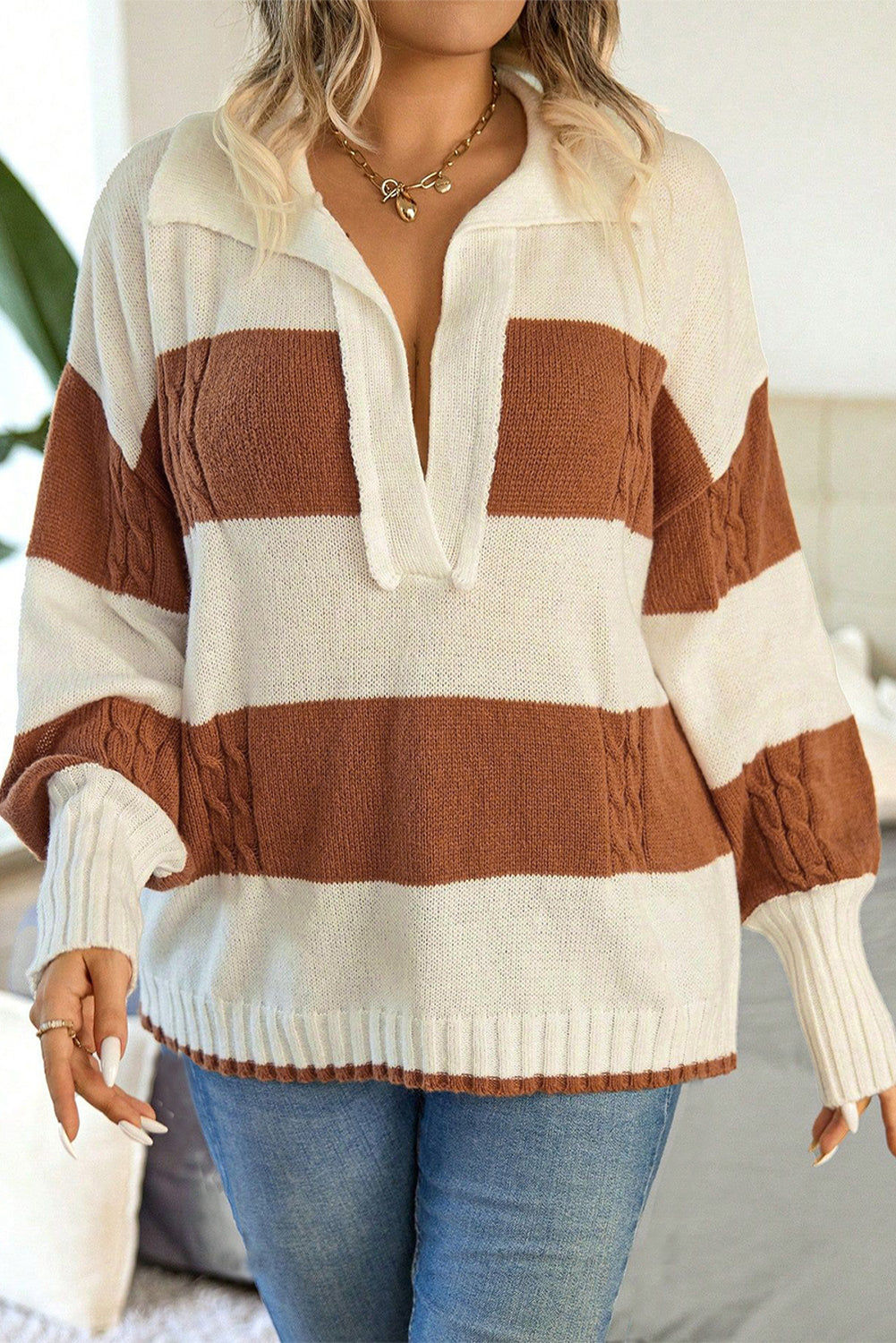 Stripes Collared Neck Corded Sweater OniTakai