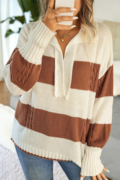 Stripes Collared Neck Corded Sweater OniTakai