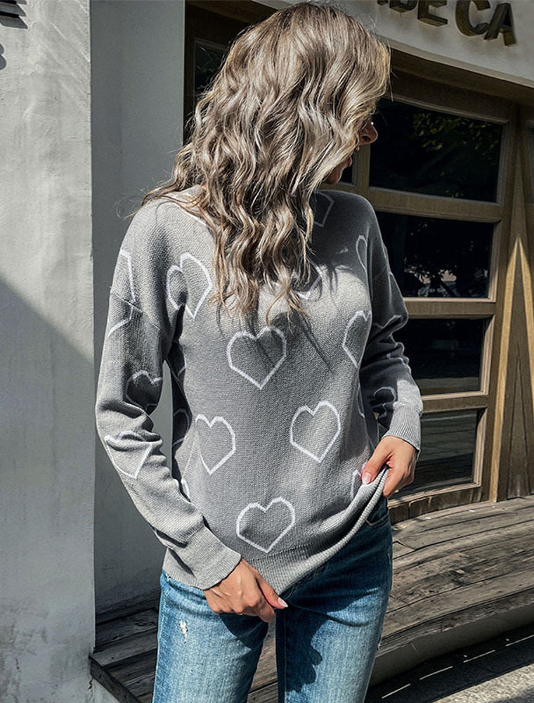 Women's Casual Cozy Hearts Knit Autumn Winter Long Sleeve Loose Fit Sweater