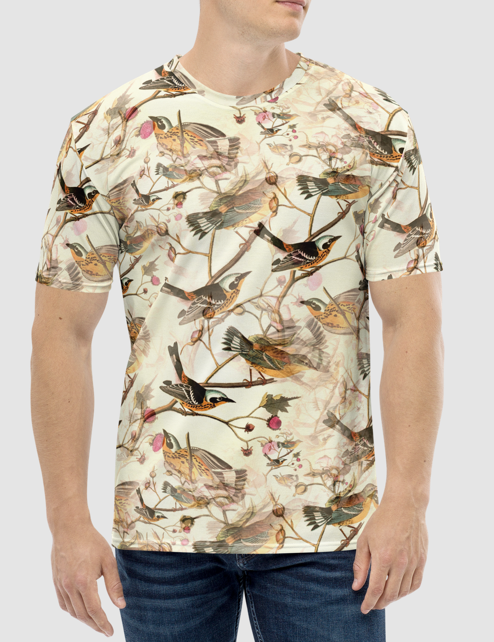 Vintage Floral Perched Birds Pattern Men's Sublimated T-Shirt OniTakai