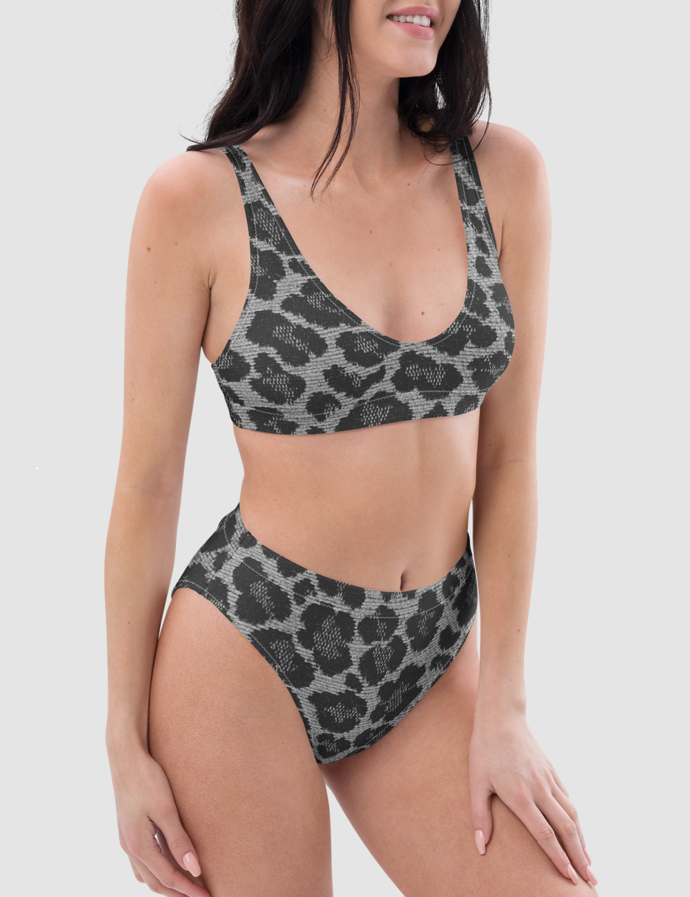 Vintage Grey Leopard Print Pattern | Women's Essential High-Waisted Bikini OniTakai