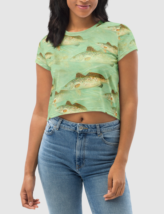 Vintage Shoal Fish Pattern Women's Sublimated Crop Top T-Shirt OniTakai