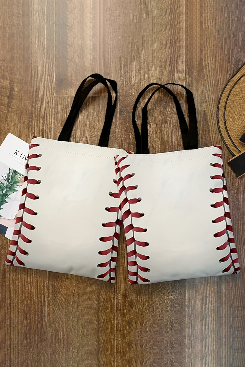 White Baseball Print Canvas Tote Bag OniTakai
