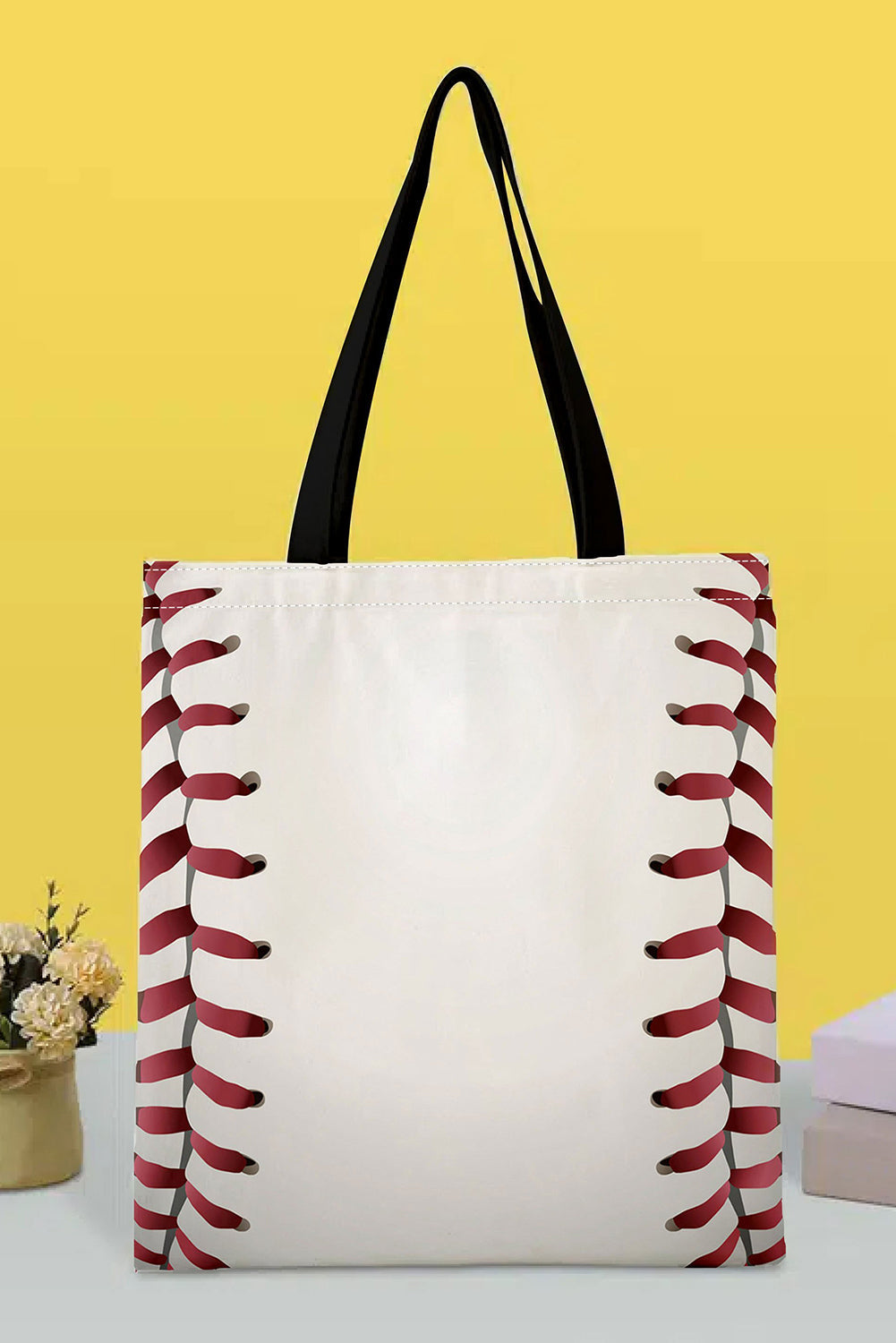 White Baseball Print Canvas Tote Bag OniTakai