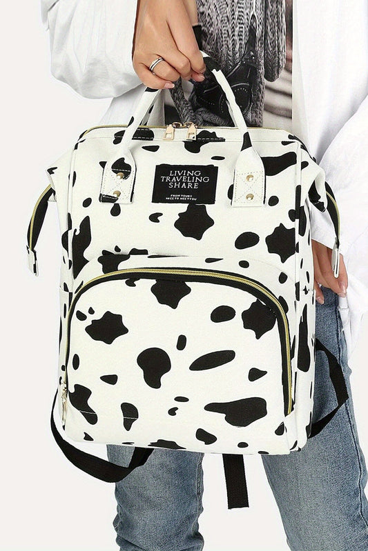 White Cow Spot Print Multi Pocket Canvas Backpack OniTakai