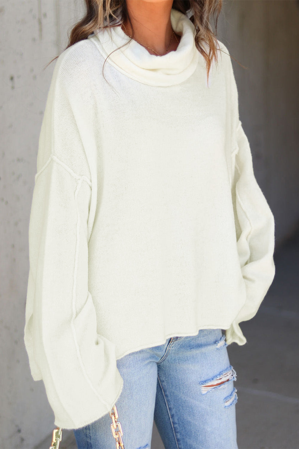 White Expose Seam Turtle Neck Side Slit Oversized Sweater OniTakai