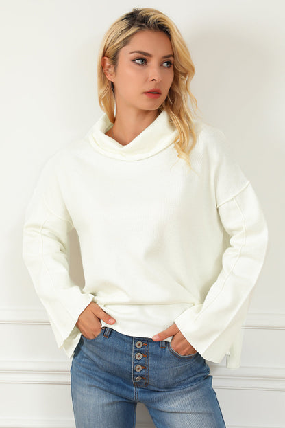 White Expose Seam Turtle Neck Side Slit Oversized Sweater OniTakai