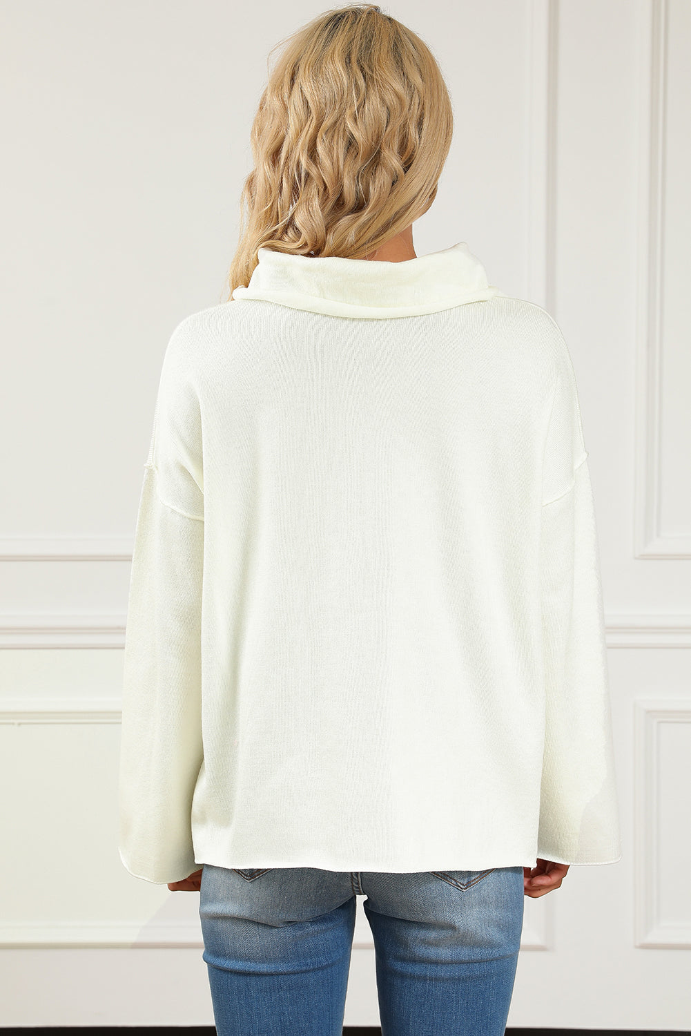 White Expose Seam Turtle Neck Side Slit Oversized Sweater OniTakai