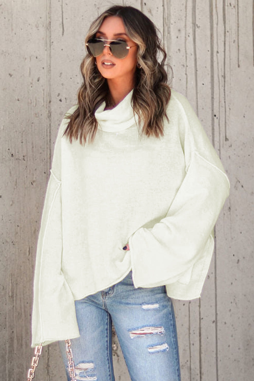 White Expose Seam Turtle Neck Side Slit Oversized Sweater OniTakai