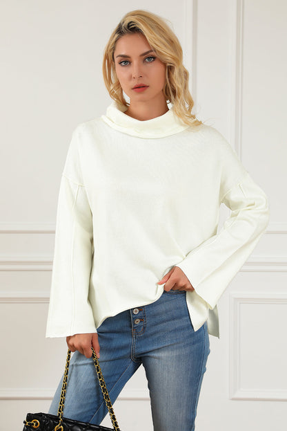 White Expose Seam Turtle Neck Side Slit Oversized Sweater OniTakai