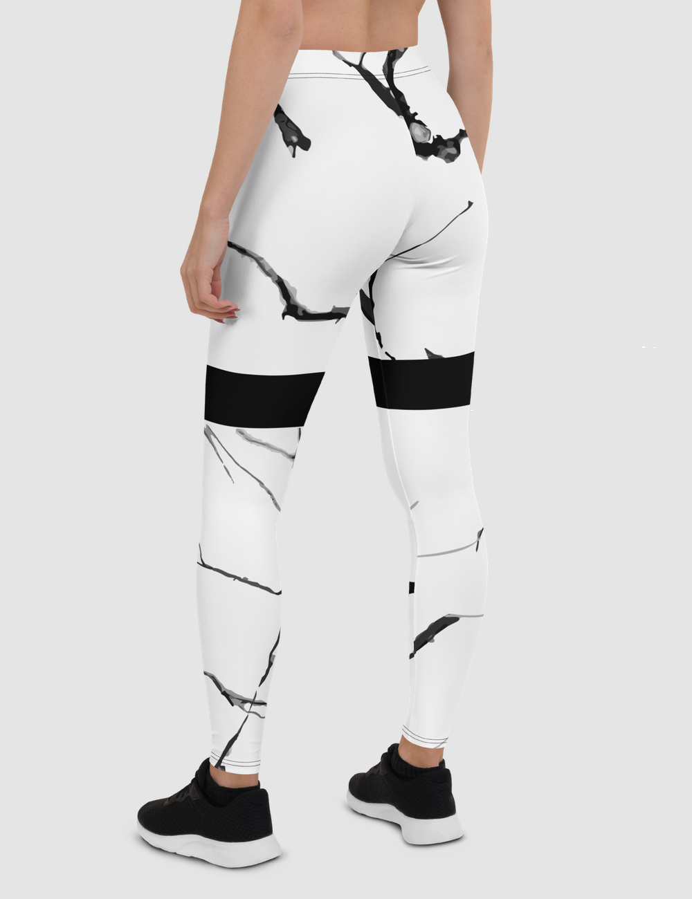 White Marble Black Thigh Stripe | Women's Standard Yoga Leggings OniTakai