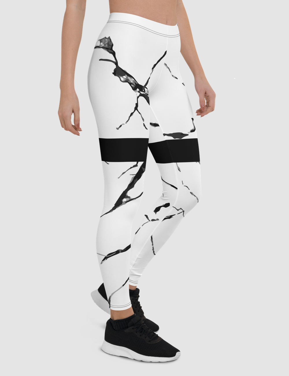 White Marble Black Thigh Stripe | Women's Standard Yoga Leggings OniTakai